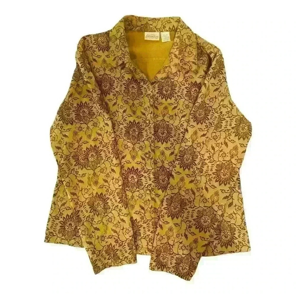 St. John's Bay Tops - St. John's Bay Women's M Tan Floral Button-Up Shirt Long Sleeve